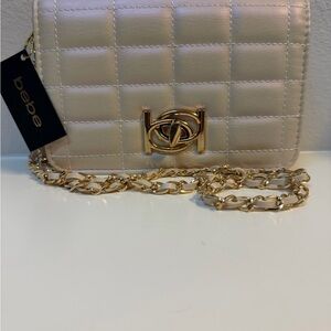 Bebe Ivory Quilted Crossbody Bag with Gold Chain